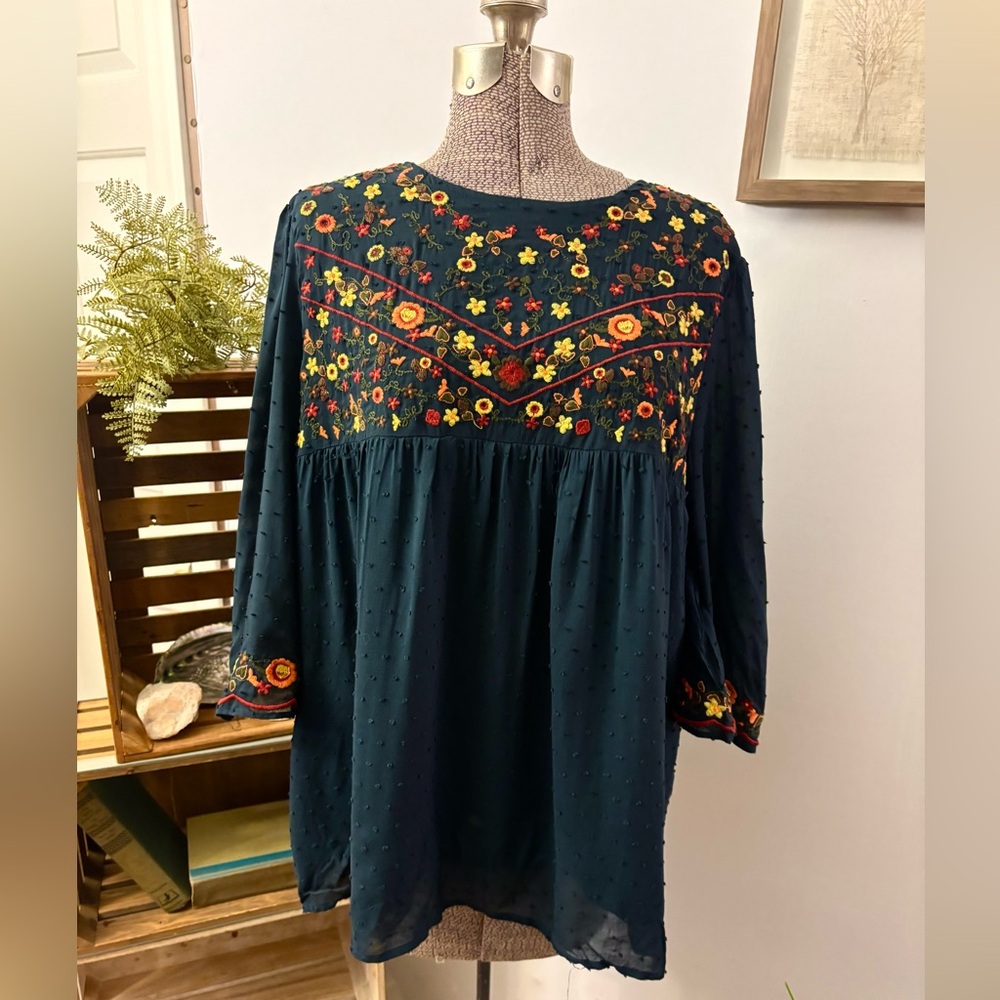 Tea N Rose Swiss Dot Women’s Navy Blouse Embroidery Large Flowy Lined 3/4 Sleeve